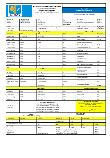 India Uttarakhand power corporation electricity business utility bill Word and PDF formats